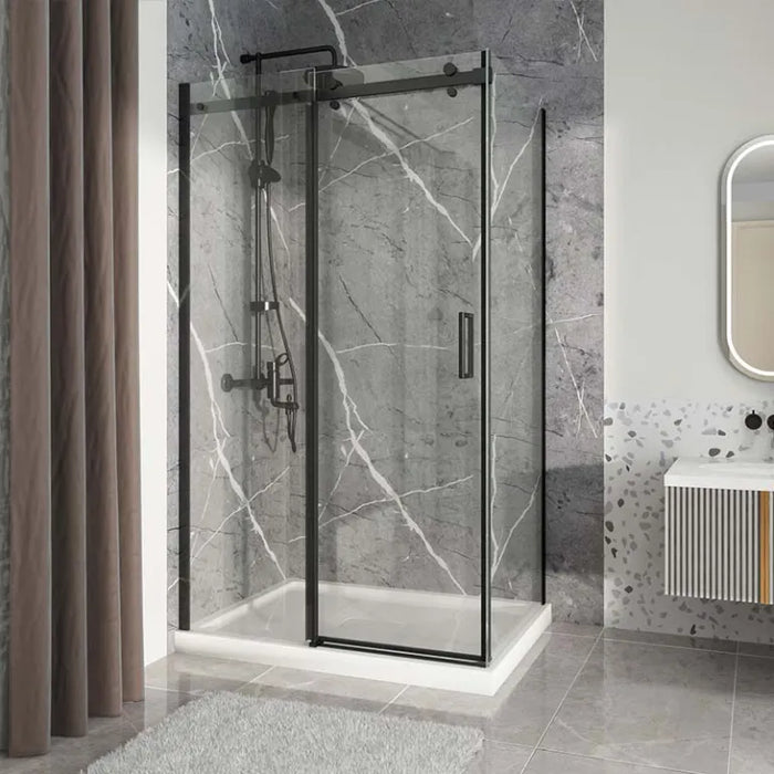 Acritec Abbott Series double threshold rolling shower door in black finish, featuring magnetic closure and stainless steel hardware in a modern bathroom setup