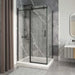Acritec Abbott Series double threshold rolling shower door in black finish, featuring magnetic closure and stainless steel hardware in a modern bathroom setup