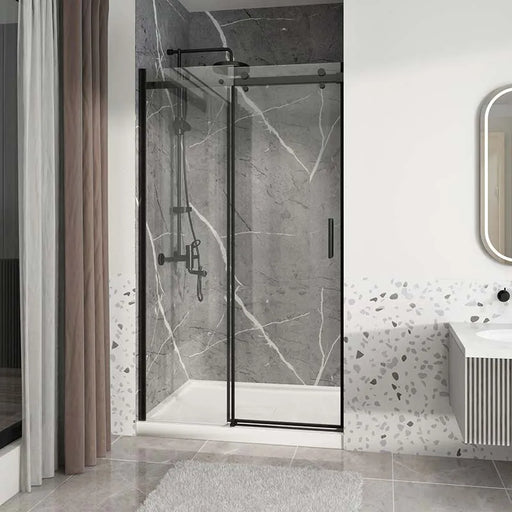Close-up of reversible tempered glass panel and stainless steel hardware on Acritec matte black shower enclosure