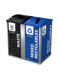 Busch Systems Mosaic Double 64 gal station in silver/black/blue with Waste and Mixed Recyclables lids