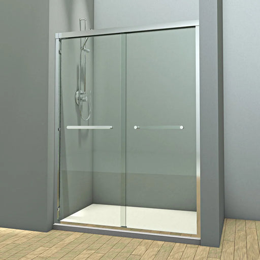 Acritec B03 Series semi-frameless bypass shower door in chrome finish on single threshold base, Acritec B03 sliding shower enclosure with brushed nickel hardware and tempered glass panels, Close-up of Acritec B03 easy-clean coated glass and stainless steel handle in modern bathroom setting
