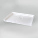 White Acritec barrier free single threshold shower base with center drain and ultra-low profile in an accessible bathroom