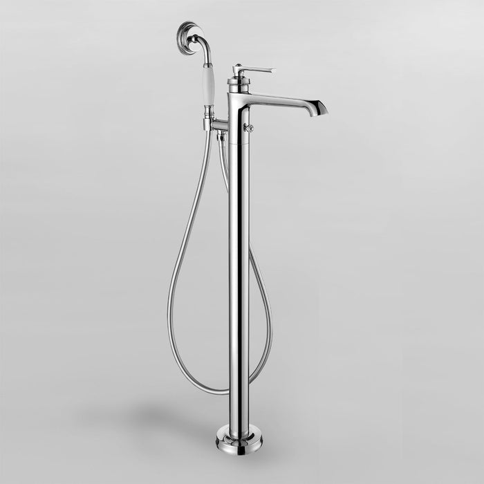 Acritec Brixton floor mount tub filler faucet in chrome finish with single lever and handshower installed next to freestanding bathtub, Close-up of Acritec Brixton free-standing tub faucet highlighting triple-plated chrome and adjustable pedestal in contemporary bathroom setting