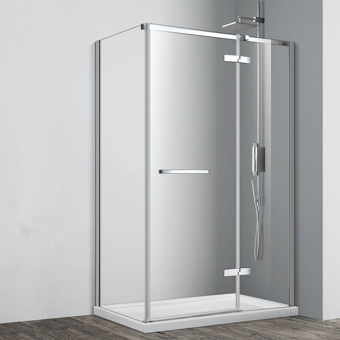 Acritec Cortez Series semi-frameless hinged shower door in chrome with tempered glass on double threshold base, Installed Acritec Cortez double threshold shower enclosure showing extra tall height and easy-clean features
