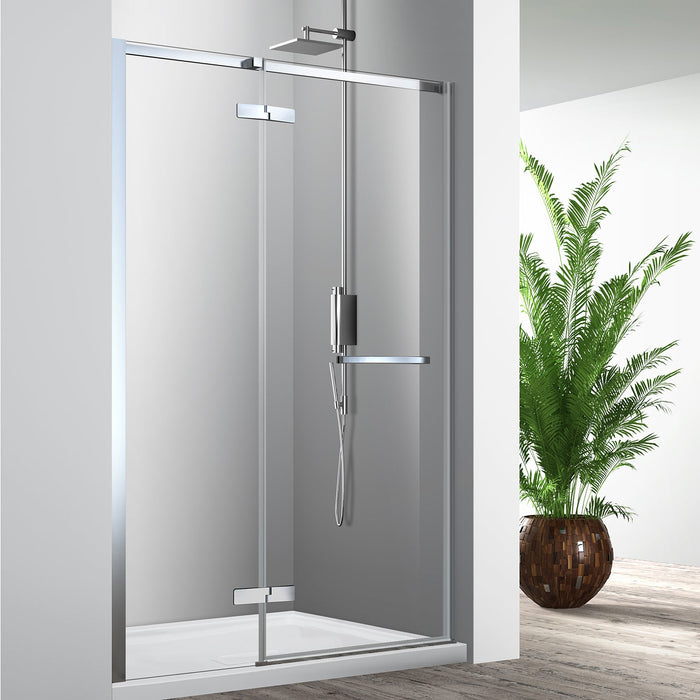 Acritec Cortez Series semi-frameless hinged shower door in chrome with tempered glass panels, Installed Acritec Cortez single threshold shower enclosure showing extra tall height and easy-clean features, Close-up of Acritec Cortez plated brass hinges and die-cast aluminum handle in modern bath setting