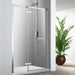 Acritec Cortez Series semi-frameless hinged shower door in chrome with tempered glass panels, Installed Acritec Cortez single threshold shower enclosure showing extra tall height and easy-clean features, Close-up of Acritec Cortez plated brass hinges and die-cast aluminum handle in modern bath setting
