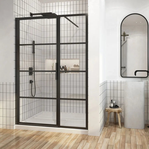 Acritec Ebony Extended Series framed pivot shower door in matte black finish with tempered glass panels, Installed Acritec Ebony single threshold shower enclosure showing reversible design and easy-clean features, Close-up of Acritec Ebony magnetic closure and stainless steel hardware in contemporary bathroom