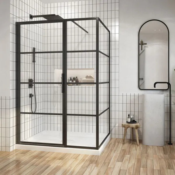 Acritec Ebony Extended Series framed pivot shower door in matte black on double threshold base with tempered glass panels, Installed Acritec Ebony Extended double threshold enclosure showing reversible design and easy-clean features in modern bathroom