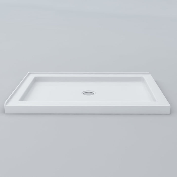 White Acritec low profile double threshold shower base with center drain in a square modern bathroom setup