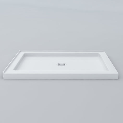 White Acritec low profile double threshold shower base with center drain and LH threshold in a modern rectangular bathroom setup