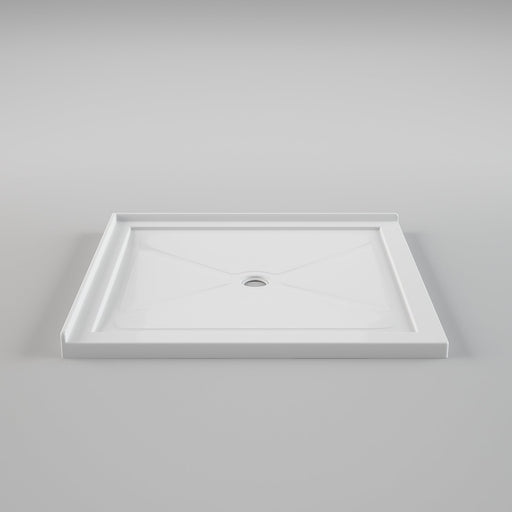 White Acritec minimalist double threshold shower base with center drain in a modern ultra-low installation