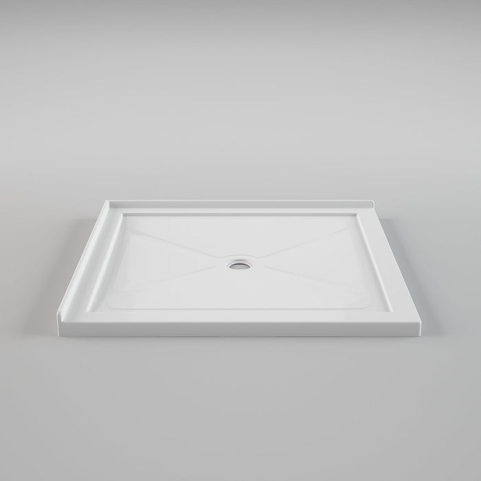 White Acritec minimalist double threshold shower base with center drain in a modern ultra-low installation