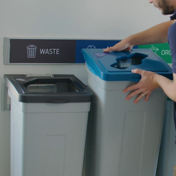 Close-up of blue slot lid and black full-opening lid on Rise series