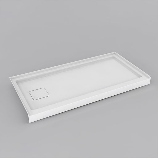 White Acritec covered drain single threshold shower base with end drain and recessed cap in a modern low profile installation