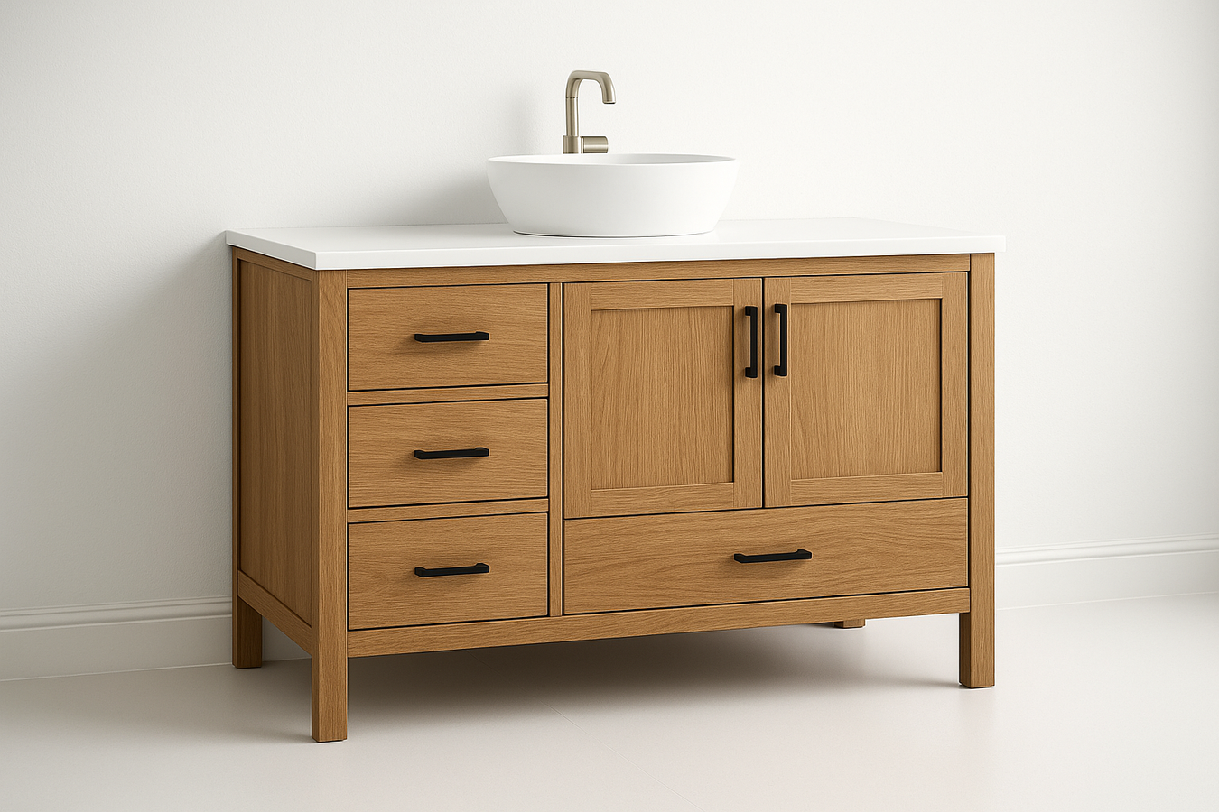 Freestanding 48" vanity, natural wood, minimal luxury white theme