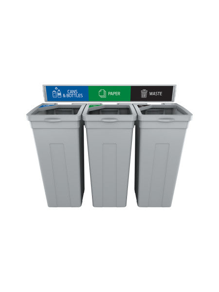 Front view of Rise triple wall station showing three full-opening grey lids