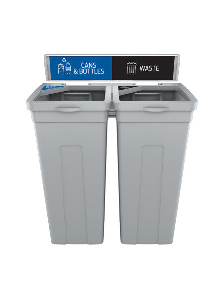 Front view of Rise wall-mounted station showing labels and flip-back lids