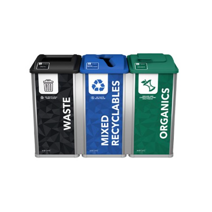 Close-up of black full-opening Waste lid, blue slot lid, and green solid-lift Organics lid