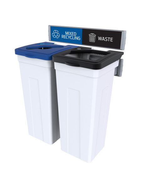Busch Rise wall-mounted triple 170 L – white body, blue Mixed + green Organics + black Waste lids
