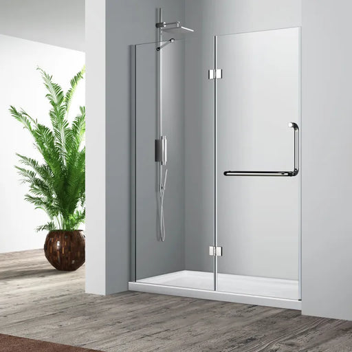 Acritec H02 Series frameless hinged shower door in chrome finish with tempered glass panels, Installed Acritec H02 single threshold shower enclosure showing right hand design and easy-clean features, Close-up of Acritec H02 die-cast aluminum handle and stainless steel hardware in modern bathroom setting
