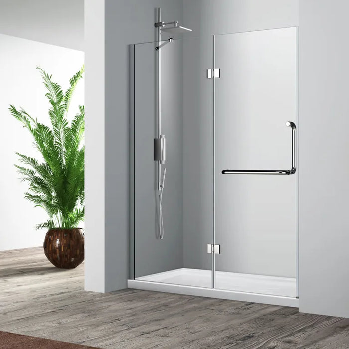 Acritec H02 Series frameless hinged shower door in chrome finish with tempered glass panels, Installed Acritec H02 single threshold shower enclosure showing right hand design and easy-clean features, Close-up of Acritec H02 die-cast aluminum handle and stainless steel hardware in modern bathroom setting