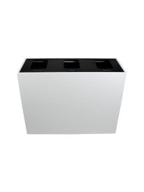 Front view of Mezzo triple bin showing CANS & BOTTLES, PAPER, WASTE ONLY labels