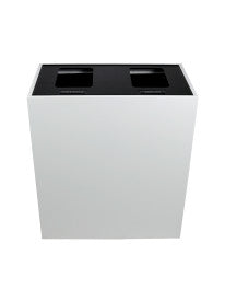 Front view of Mezzo double bin showing CANS & BOTTLES and WASTE ONLY labels