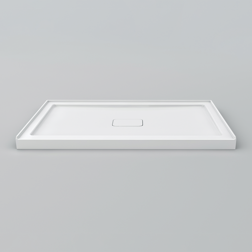 White Acritec covered drain single threshold shower base with center drain and recessed cap in a modern low profile installation