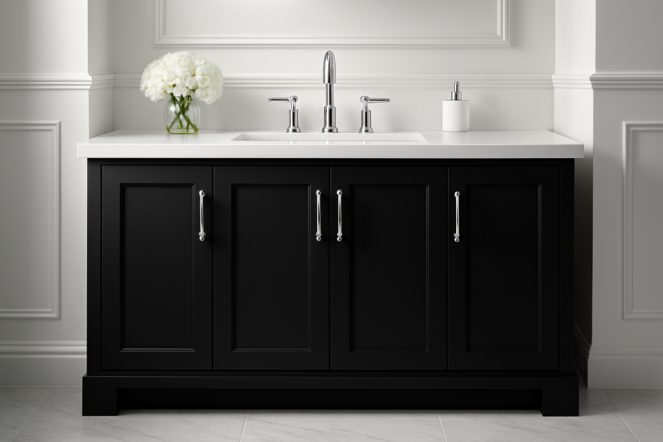 Matt black vanity luxury white theme. Chrome door handles