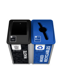 Front view of connected Mosaic double kit showing included Waste & Mixed sign panels