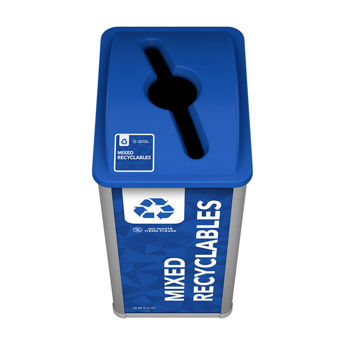 Front view of Mosaic recyclables station showing wide and narrow Mixed Recyclables sign panels
