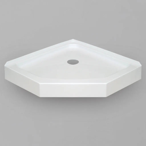 White Acritec neo angle shower base with standard drain in a modern corner bathroom installation