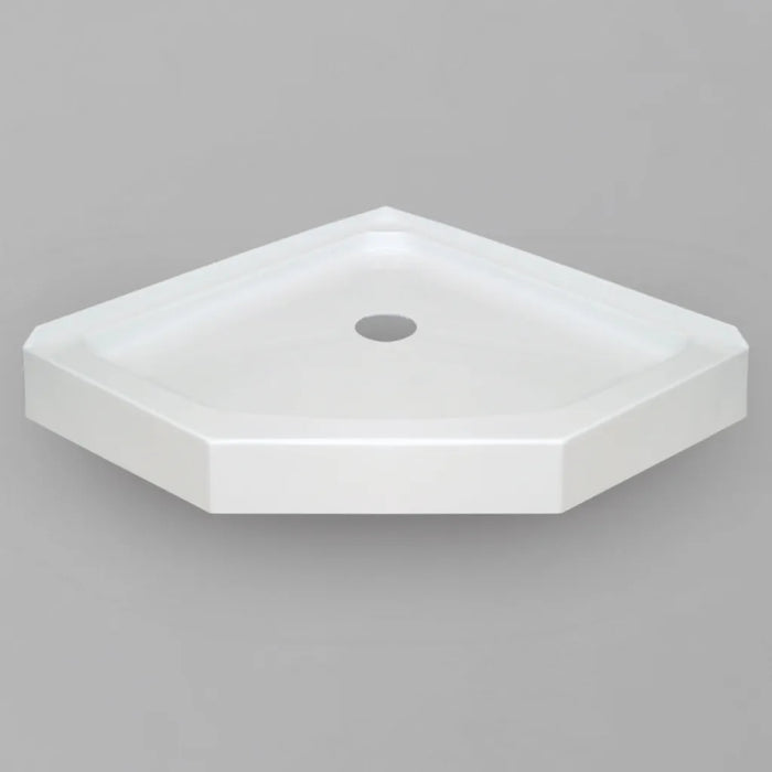 White Acritec neo angle shower base with standard drain in a modern corner bathroom installation