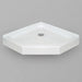 White Acritec neo angle shower base with standard drain in a modern corner bathroom installation