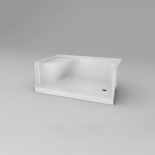 White Acritec Pender receptor shower base with RH seat and shelf in a 59 3/4 x 32 1/4 inch accessible installation