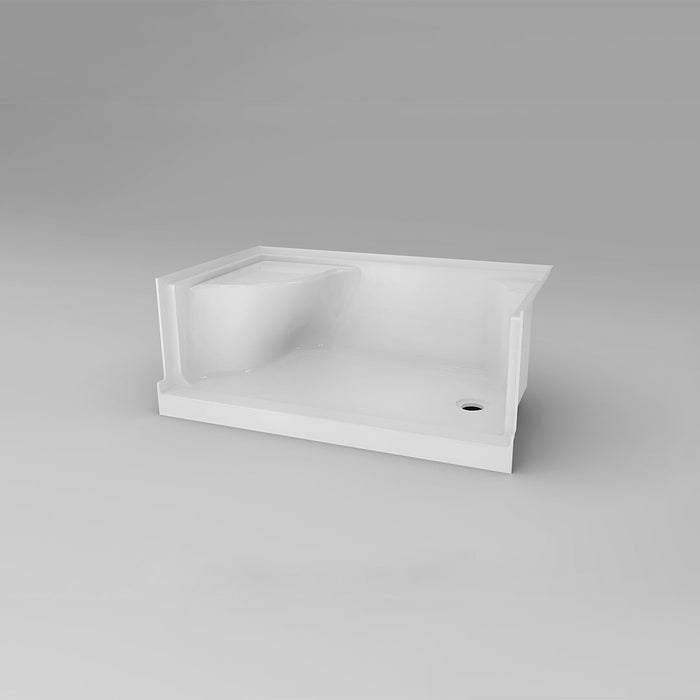 White Acritec Pender receptor shower base with RH seat and shelf in a 59 3/4 x 32 1/4 inch accessible installation