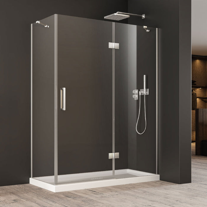 Acritec Pristina Series frameless hinged shower door in chrome on double threshold base with tempered glass panels, Installed Acritec Pristina double threshold enclosure showing reversible design and easy-clean features in contemporary bathroom