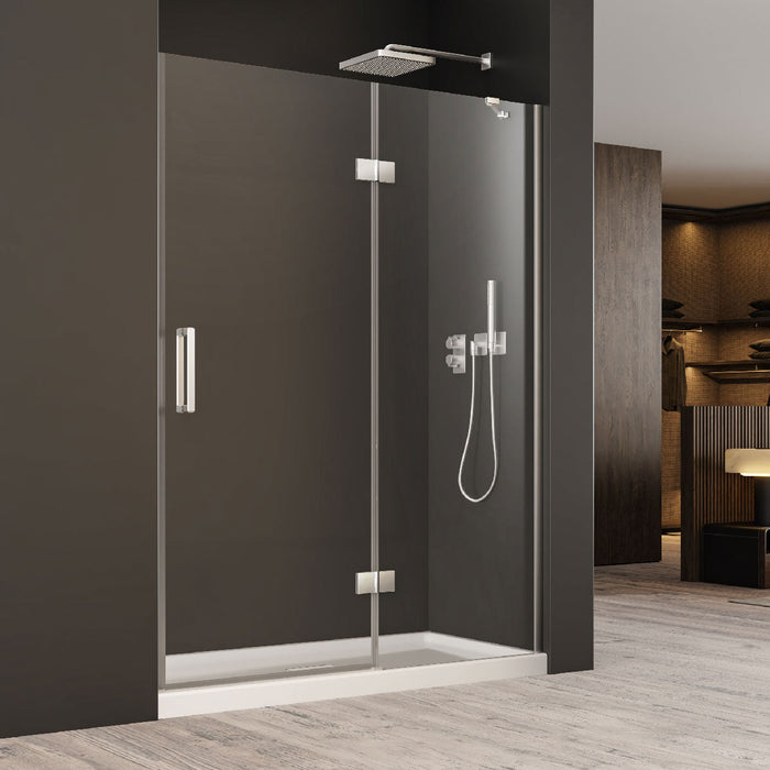 Acritec Pristina Series frameless hinged shower door in chrome finish with tempered glass panels, Installed Acritec Pristina single threshold shower enclosure showing reversible design and extra tall height, Close-up of Acritec Pristina stainless steel handles and easy-clean coated glass in contemporary bathroom setting