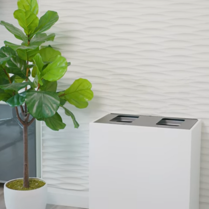 Single hinged black lid opened on Mezzo double recycling station