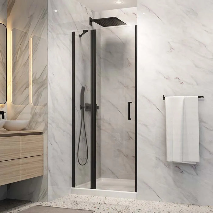 Acritec Ruxton Extended semi-frameless shower door in chrome finish with tempered glass panels, Installed Acritec Ruxton Extended single threshold shower enclosure showing reversible design and easy-clean features, Close-up of Acritec Ruxton Extended magnetic closure and die-cast aluminum handle in matte black setting