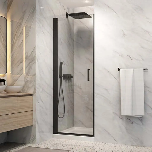 Acritec Ruxton Series semi-frameless pivot shower door in chrome finish with tempered glass panels, Installed Acritec Ruxton single threshold shower enclosure showing reversible design and easy-clean features, Close-up of Acritec Ruxton magnetic closure and die-cast aluminum handle in matte black setting