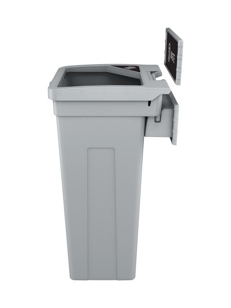 Rise single waste bin installed with lid flipped back for servicing