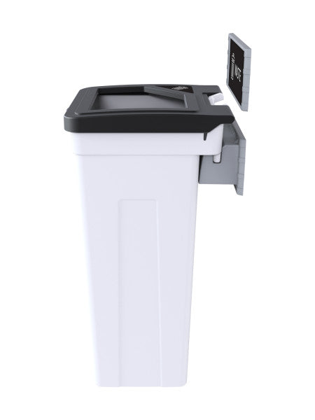 Rise single waste bin on wall with black lid flipped back for servicing