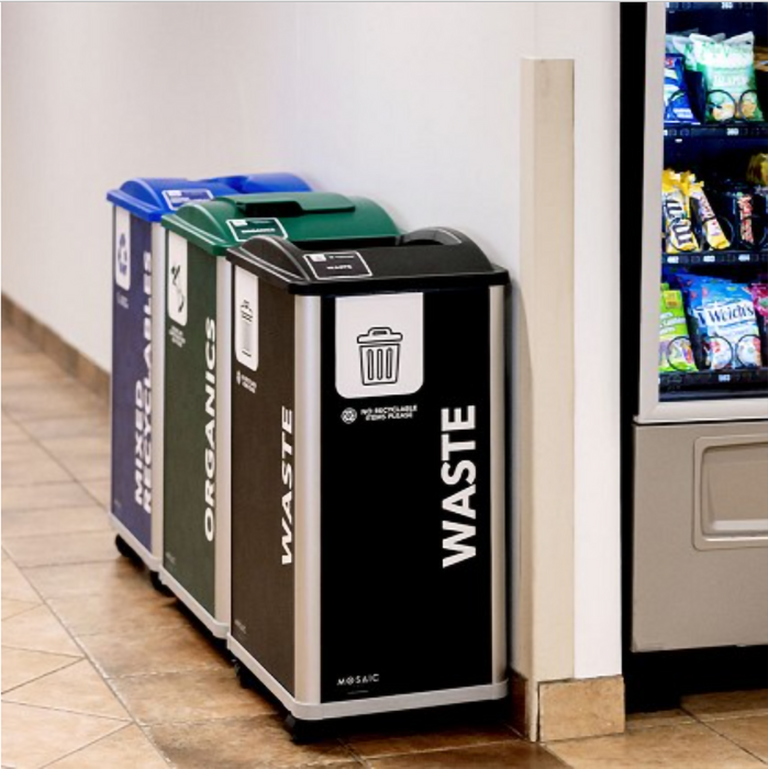 Mosaic triple recycling station installed in modern cafeteria setting