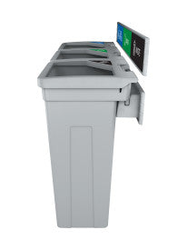 Rise triple bin installed on wall with all lids flipped back for servicing