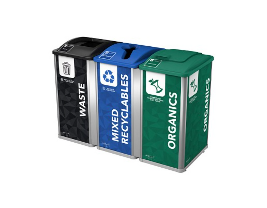 Busch Mosaic triple 363 L (96 gal) station – Waste (black) + Recyclables (blue) + Organics (green)