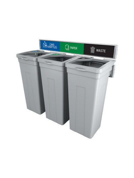 Busch Rise wall-mounted triple 170 L bin in grey – Cans & Bottles + Paper + Waste