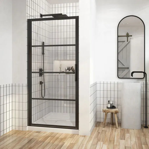 Acritec Ebony Series framed pivot shower door in matte black finish with tempered glass panels, Installed Acritec Ebony single threshold shower enclosure showing reversible design and easy-clean features, Close-up of Acritec Ebony magnetic closure and stainless steel hardware in modern bathroom setting