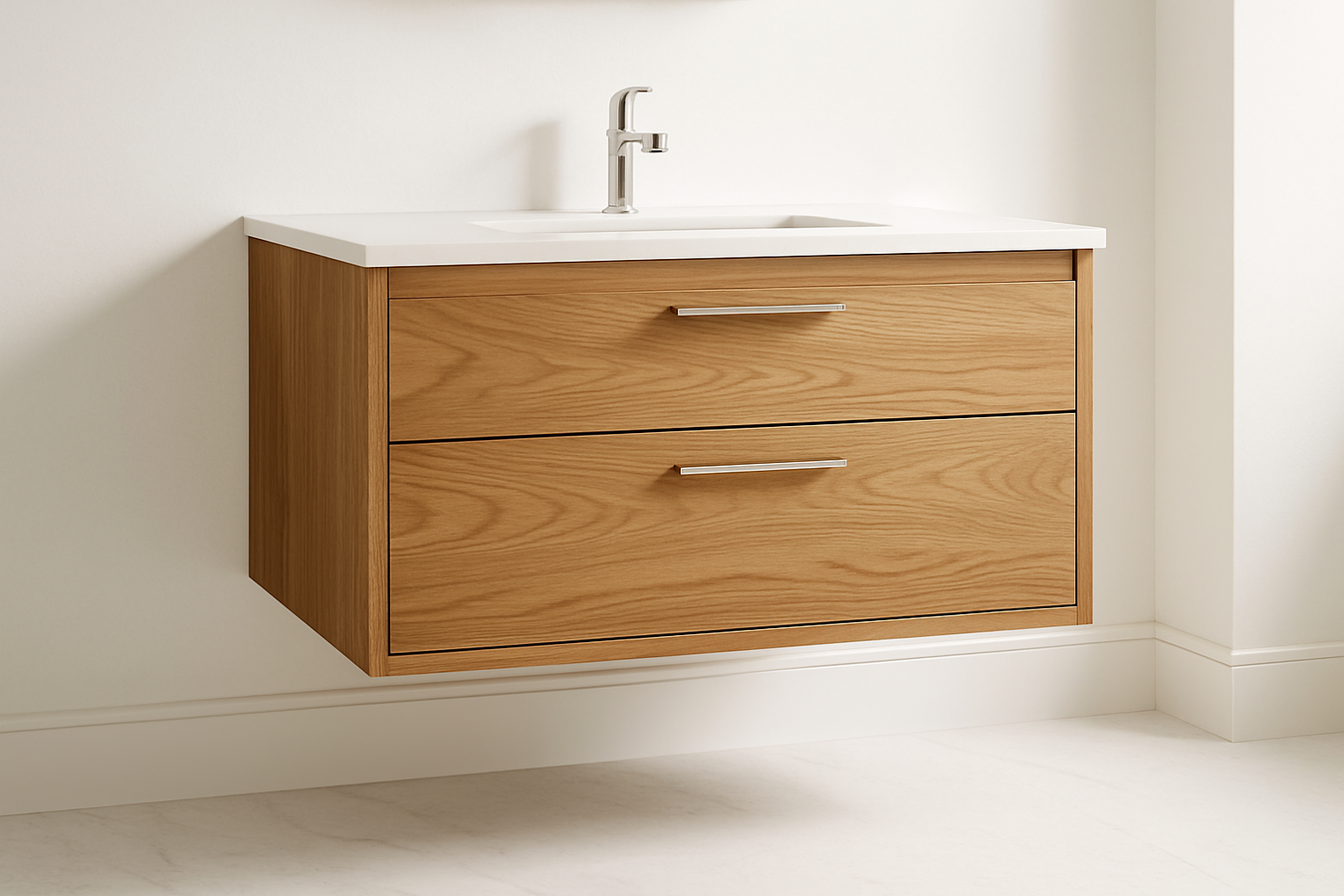 Sq image of a natural oak wall mounted vanity. White minimialist luxury theme.