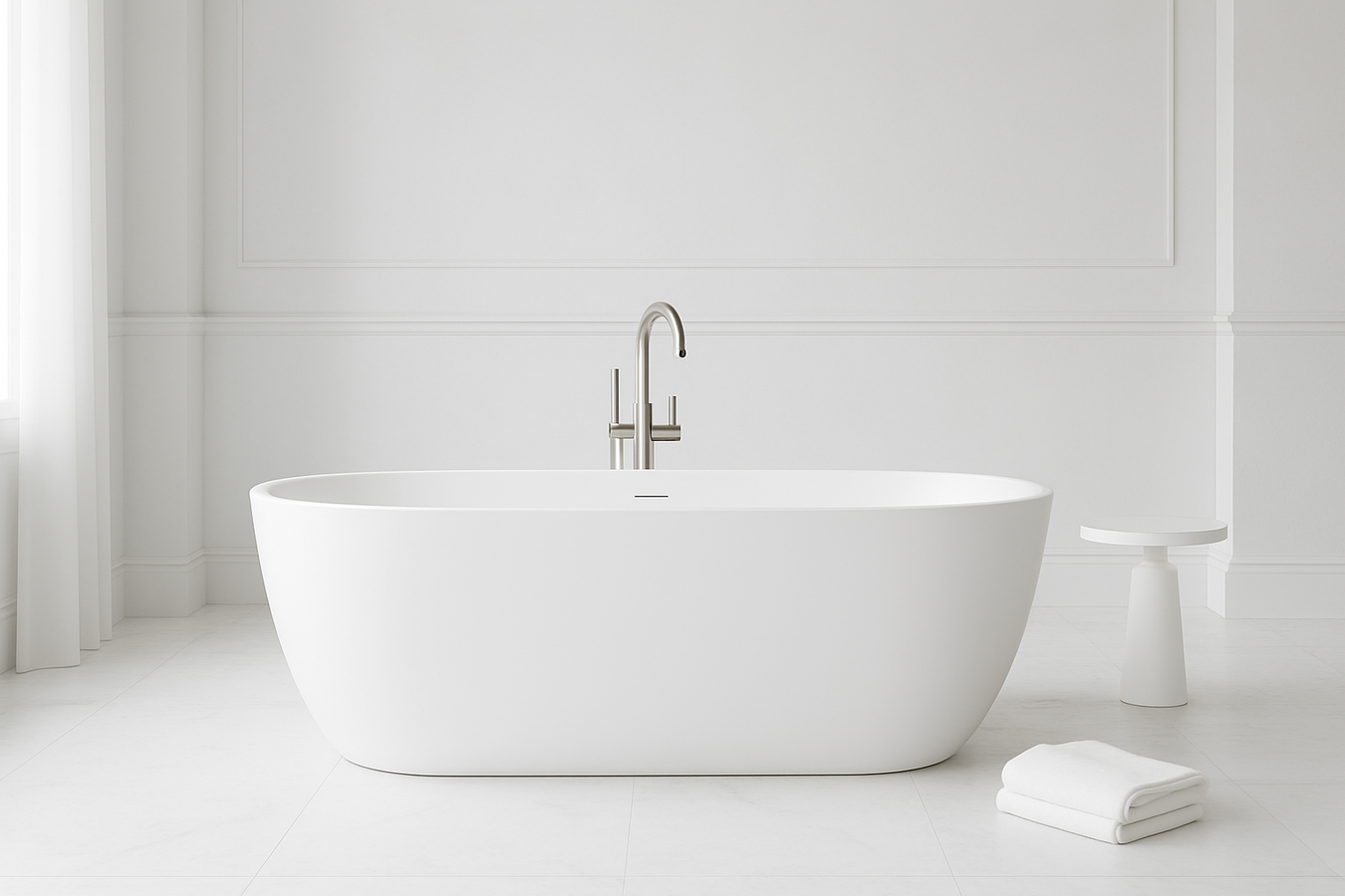 square image of a free standing bathtub minimialist luxury white theme